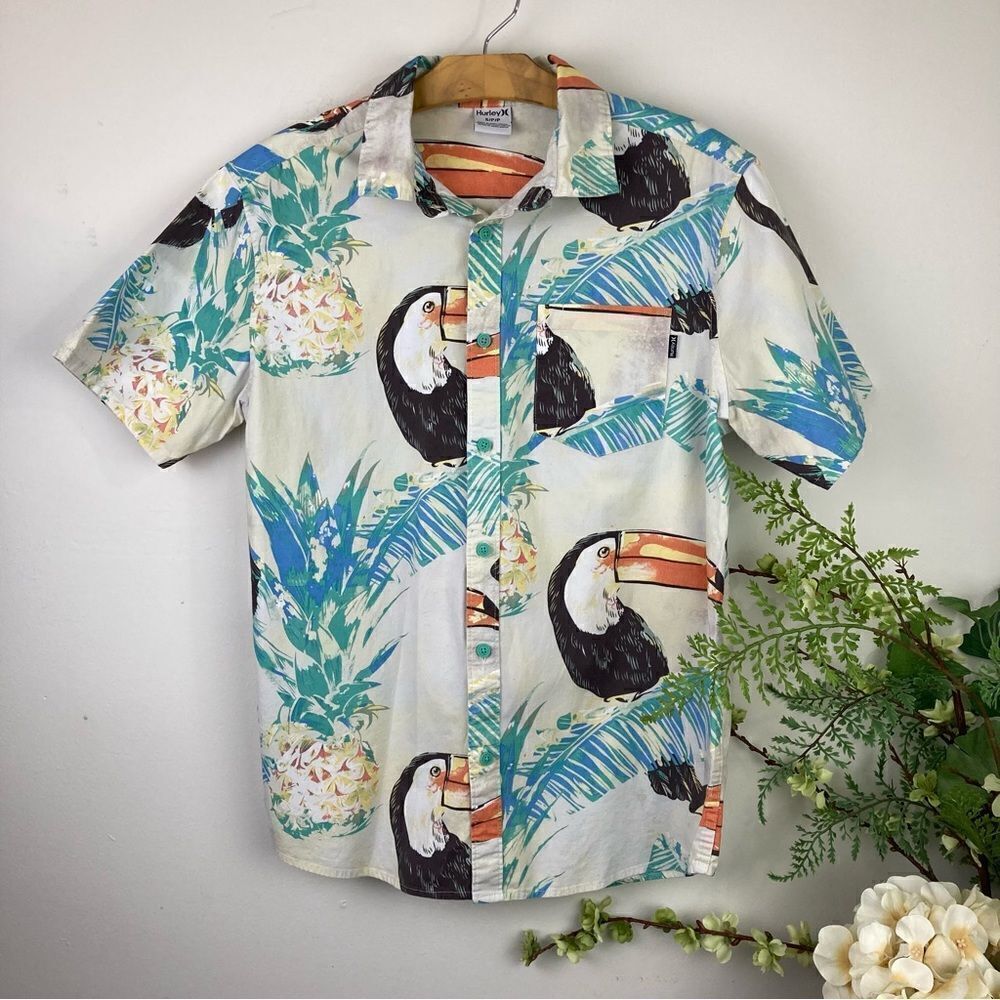 HURLEY shirt | BUTTON UP | SIZE S  | tropical | toucan print |COTTON/ELASTANE
